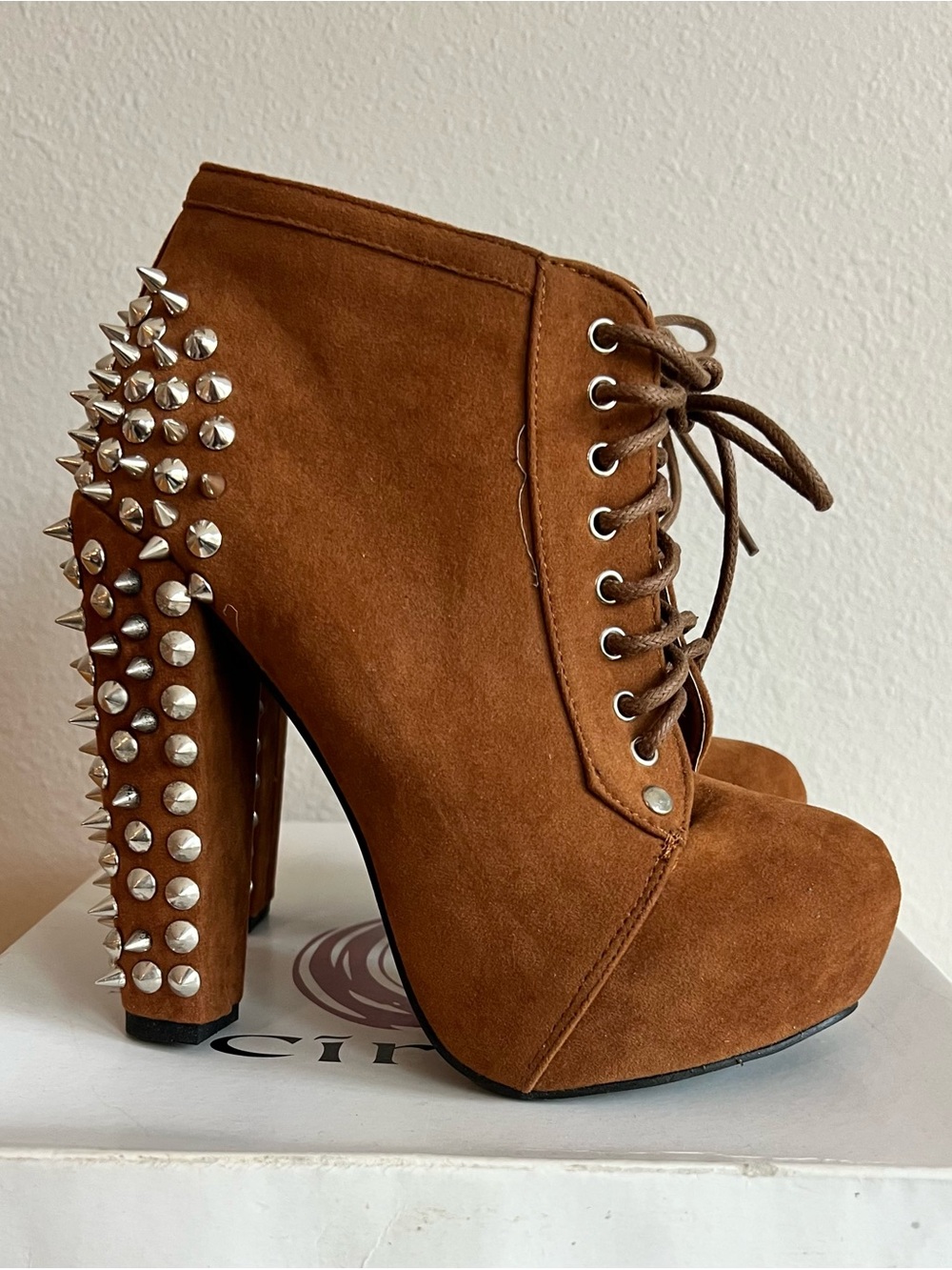 Terry Suede Platform Tan Booties Heels With Spikes- Size